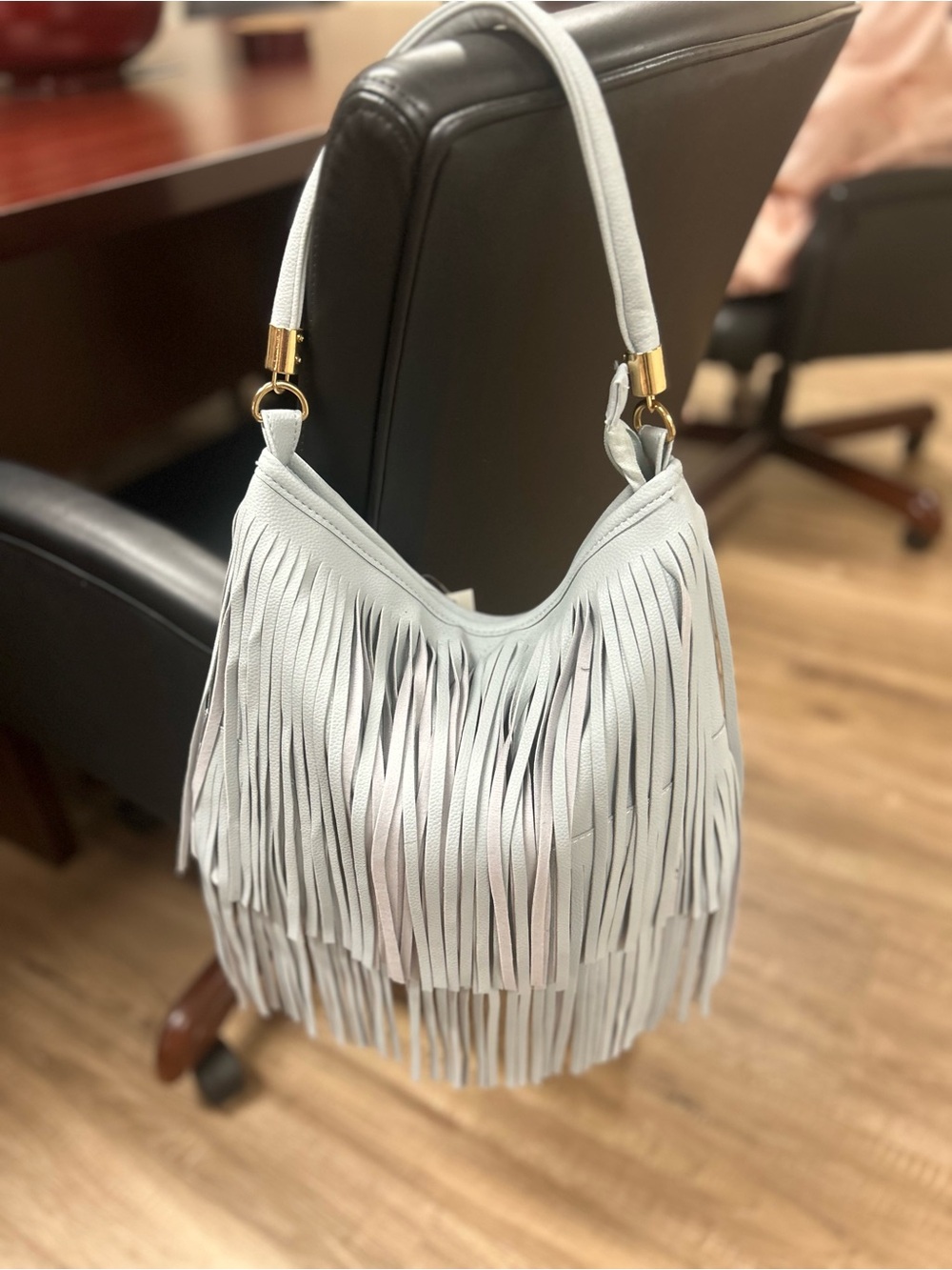 Fringed Hobo Shoulder Bag — Pale Gray
